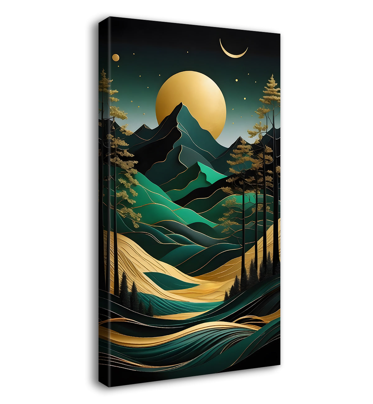 Green mountais with golden moon and trees in textured painting Canvas Painting - Nature Art -V-82