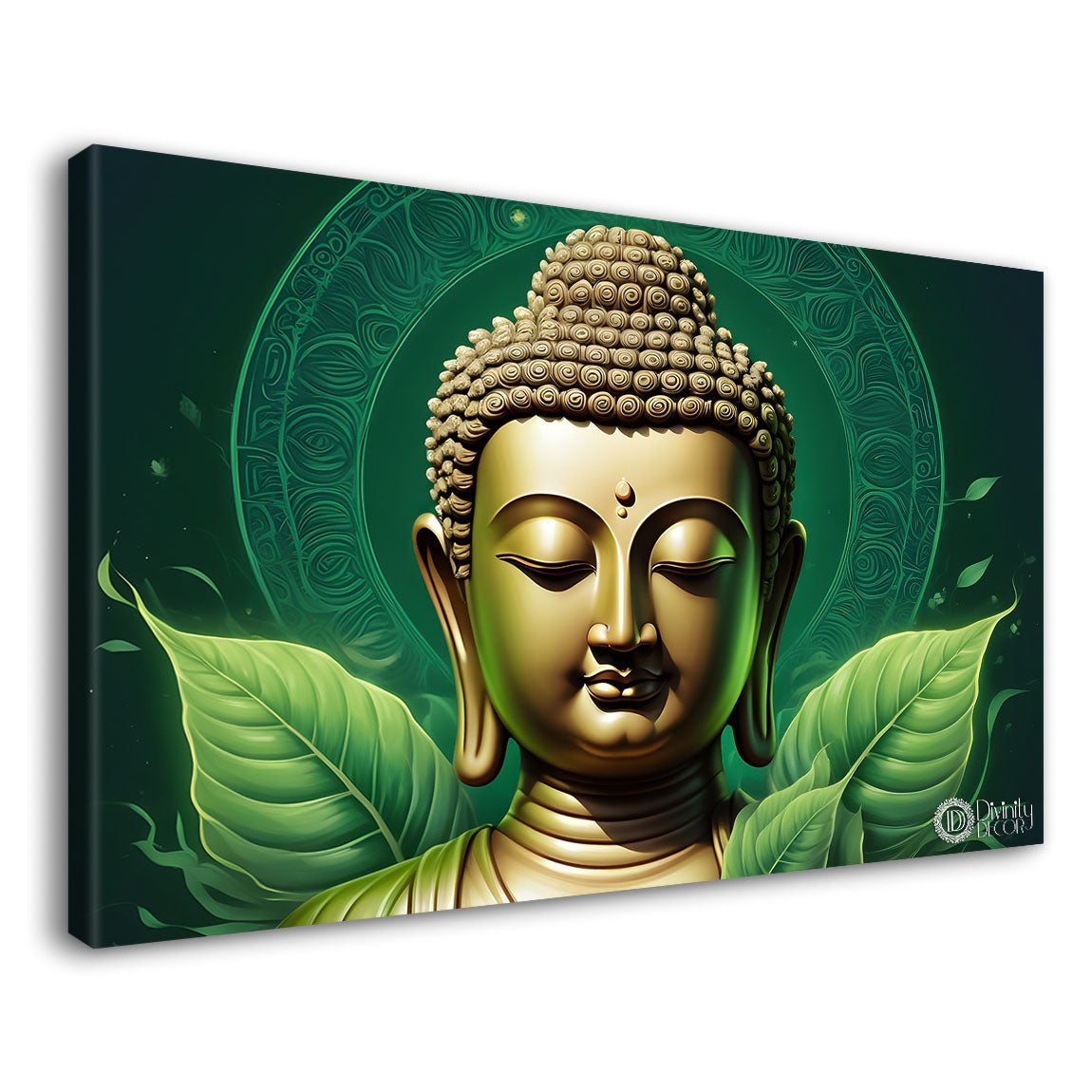 Golden buddha with green leaf background painting Canvas Wall Painting - Buddha-82