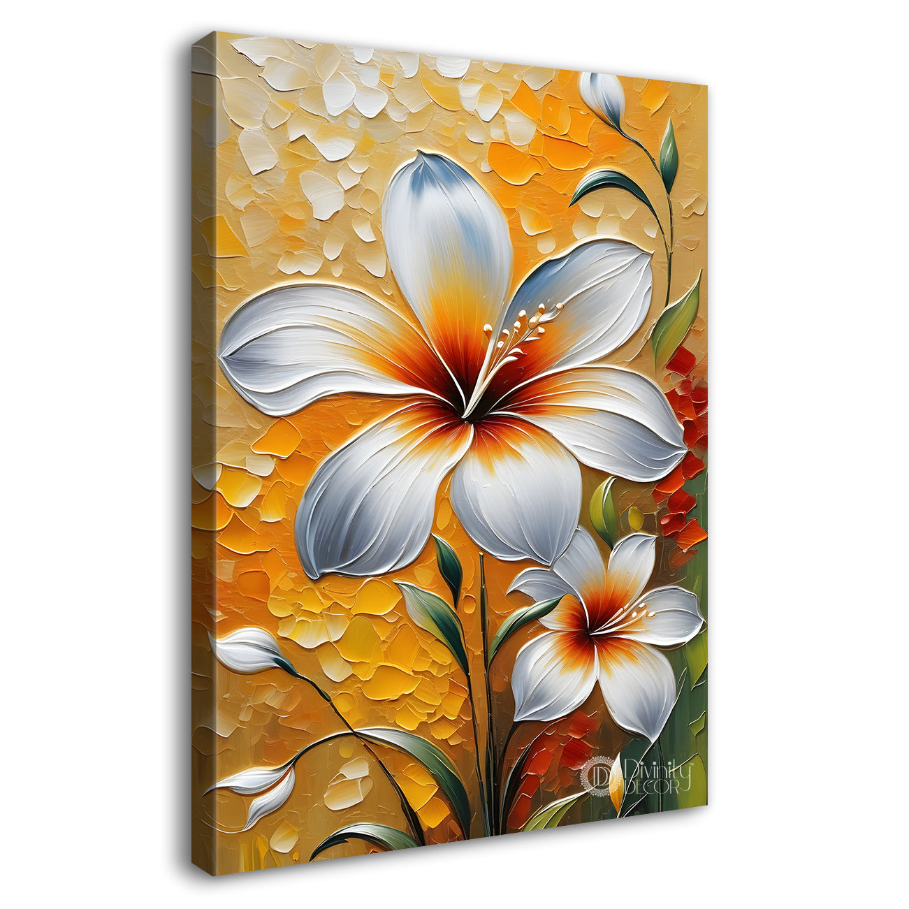 White flowers with yellow textured background painting - Flower-V-82
