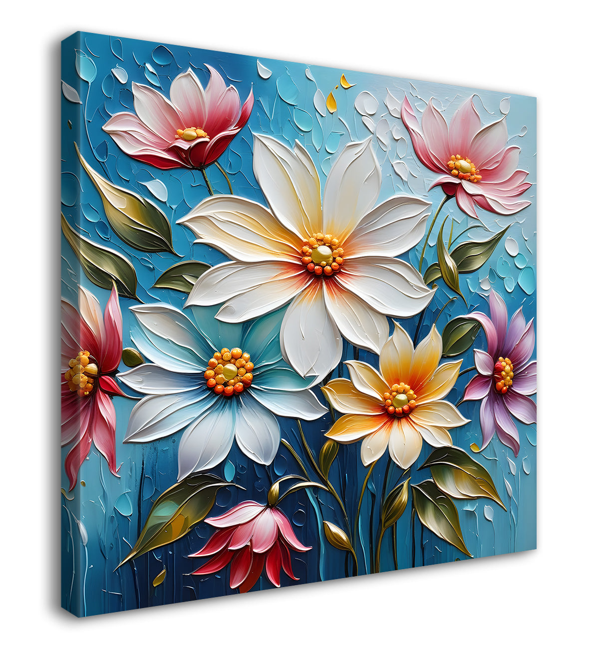 White flowers in blue background  textured painting  - Flower-S-82