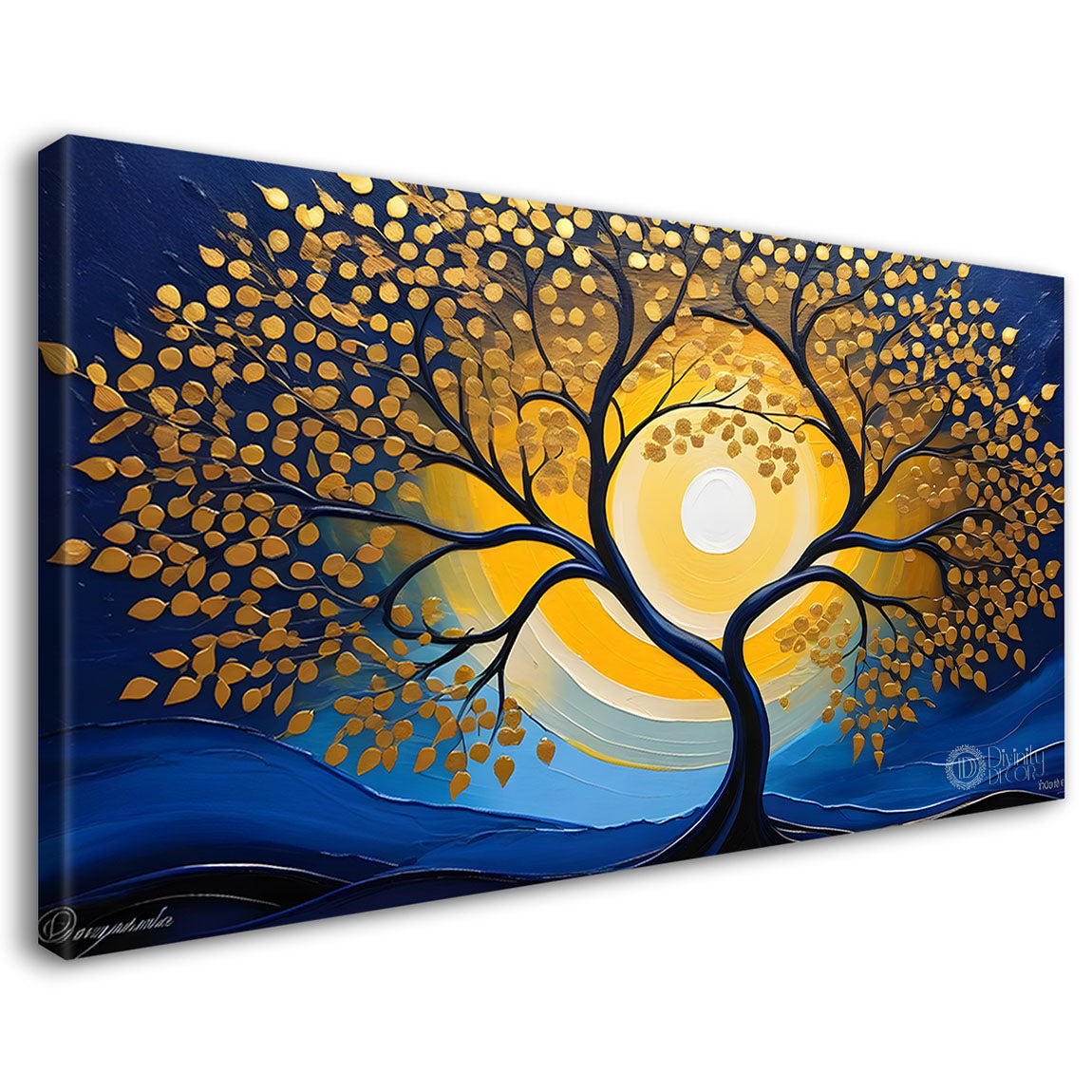 Golden tree in dark blue textured background modern art Canvas Painting - Design - Tree-82