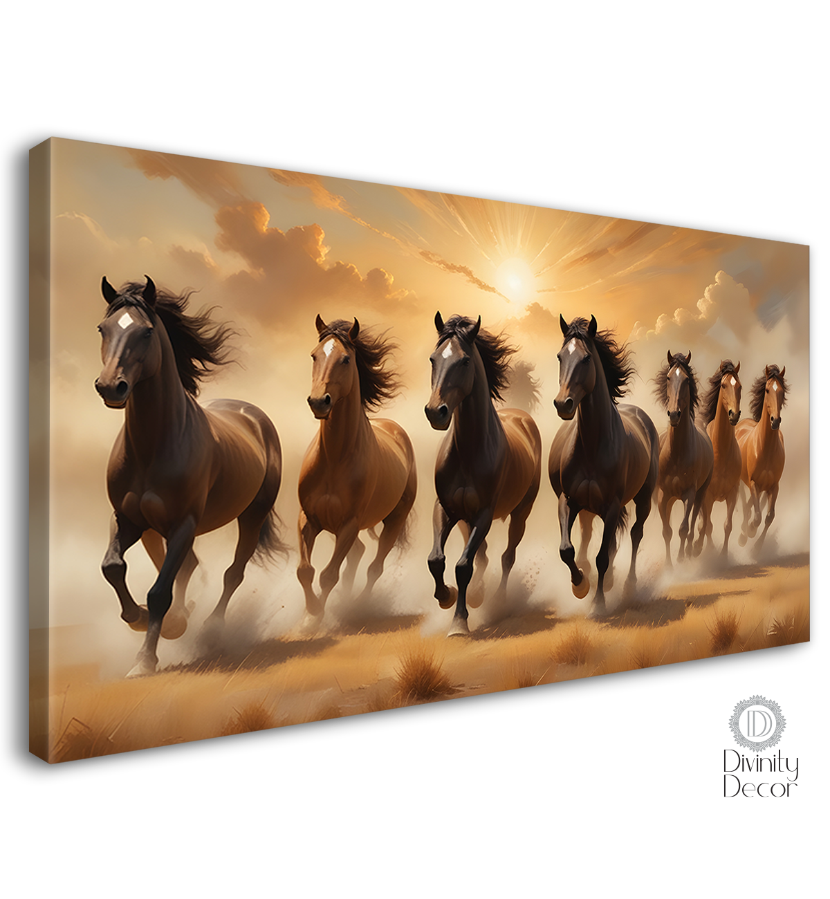 Brown running horses with cloudy and yellow textured background art Canvas Painting - Design - Horse-83