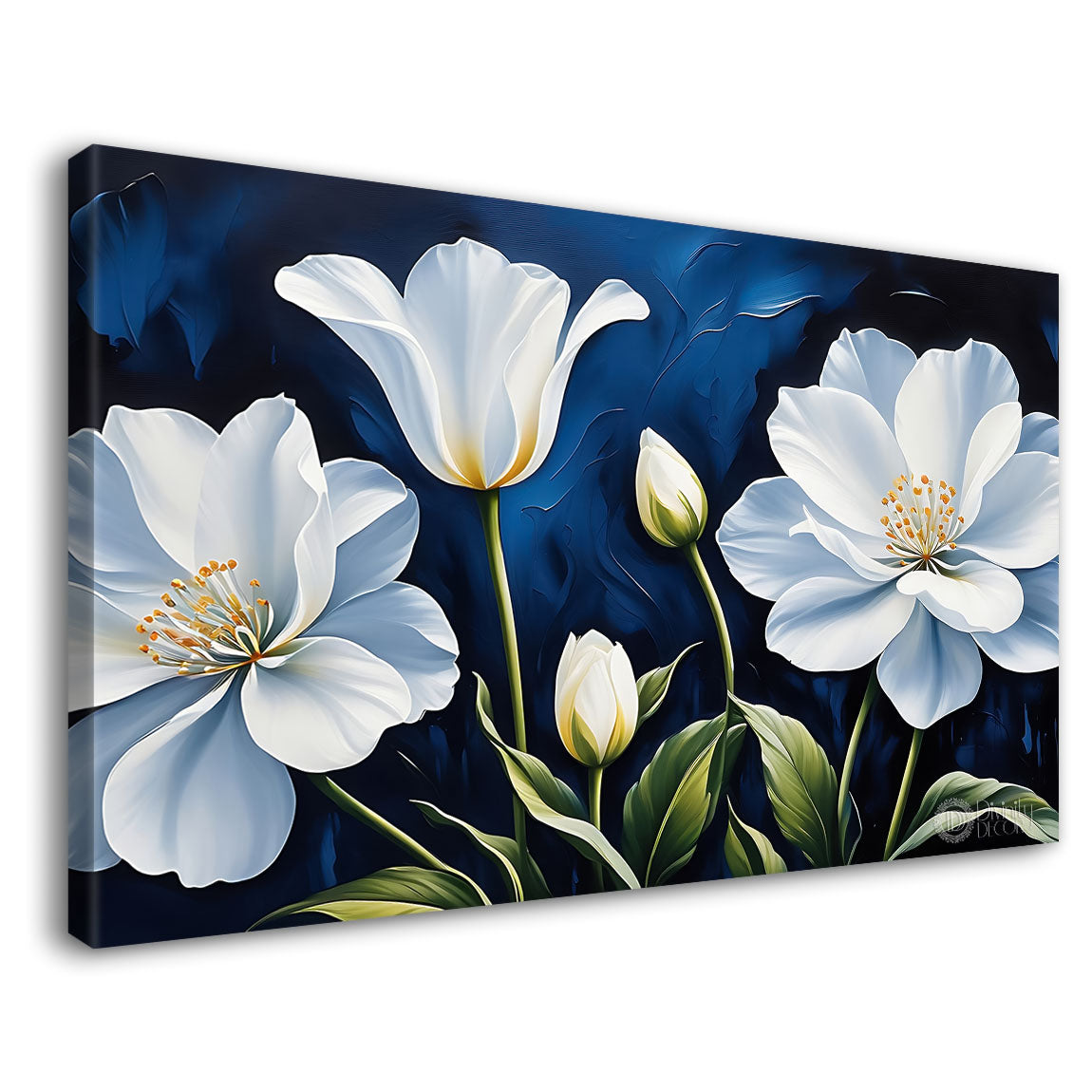 White flowers in navy blue background canvas painting- Flower-830
