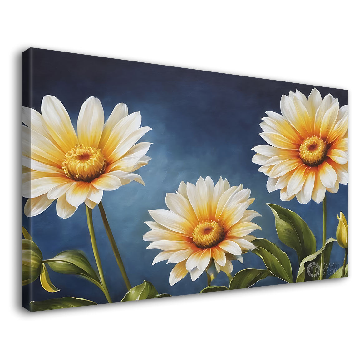 White flowers in navy blue background canvas painting- Flower-831