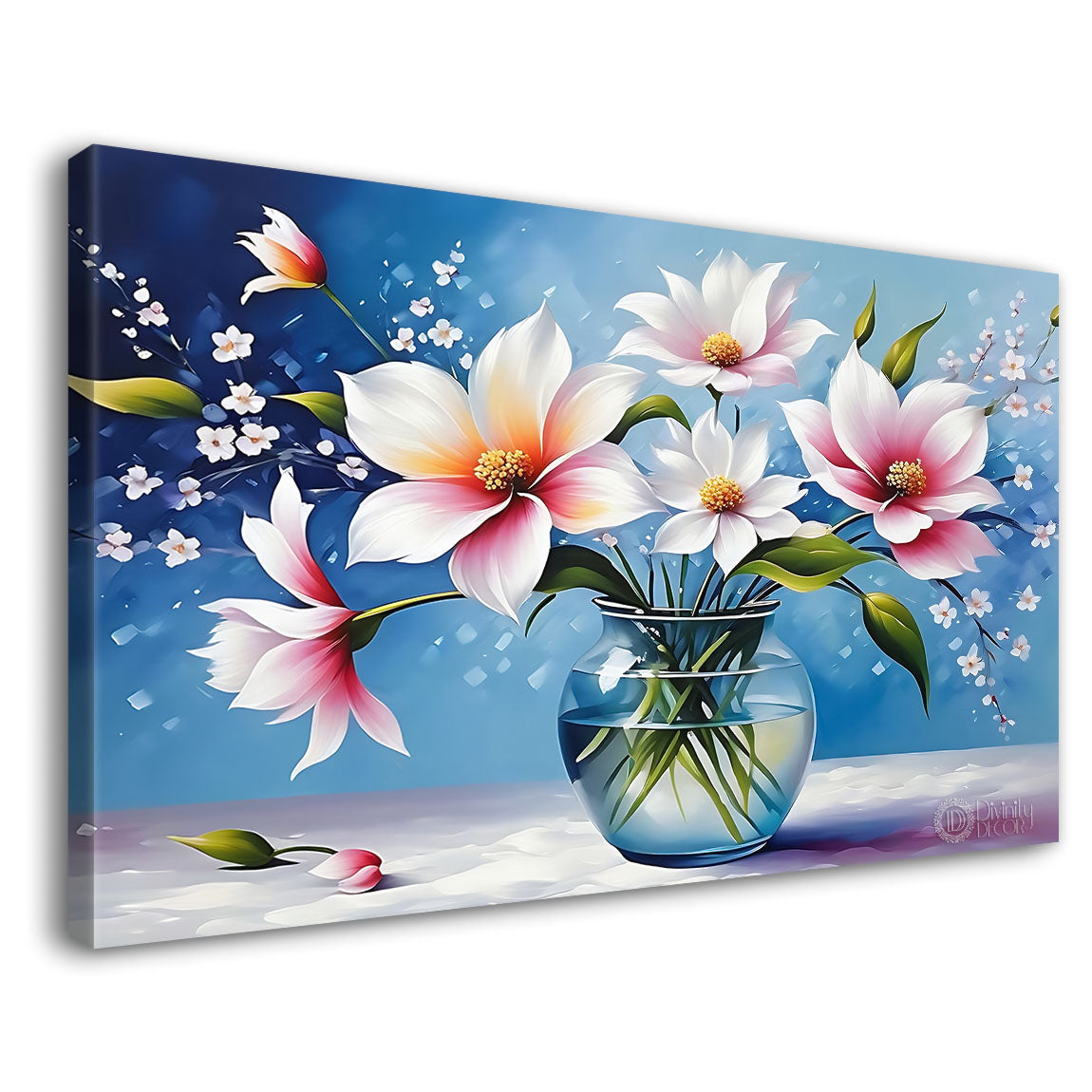 Pink flowers in light blue background canvas painting- Flower-832