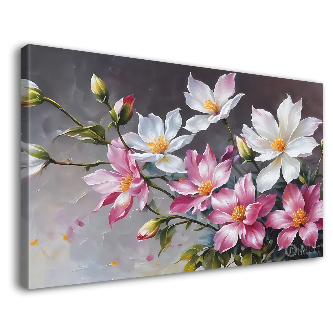 Pink and white flowers in light grey background canvas painting- Flower-833