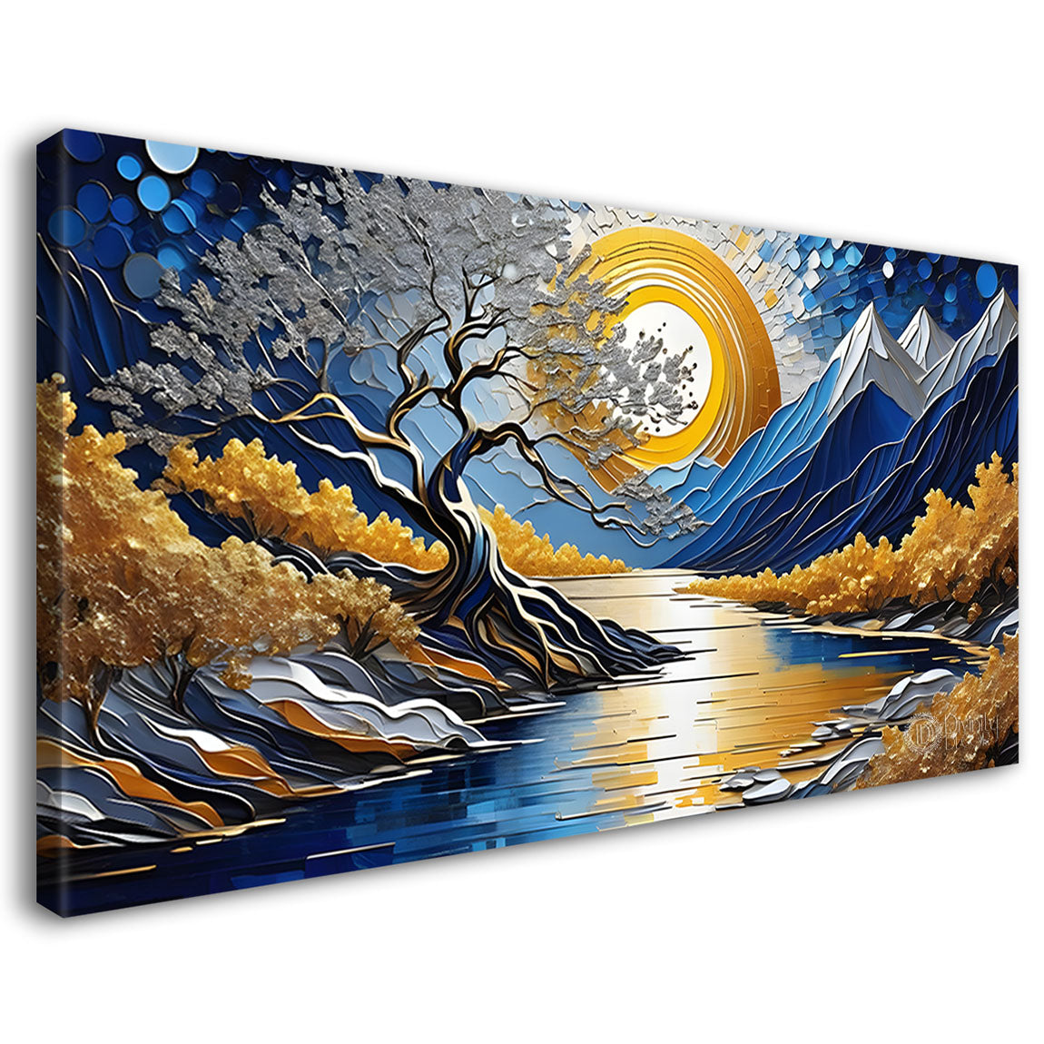 Blue mountains with the tree and the lake painting Canvas Painting - Nature Art -834