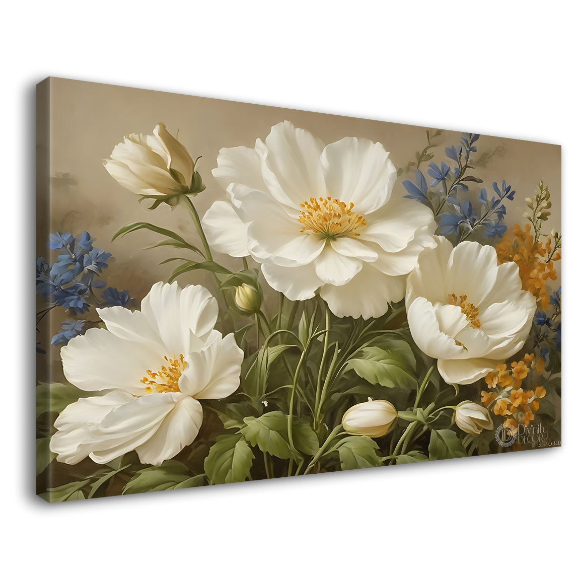 White flowers in light brown background canvas painting- Flower-836