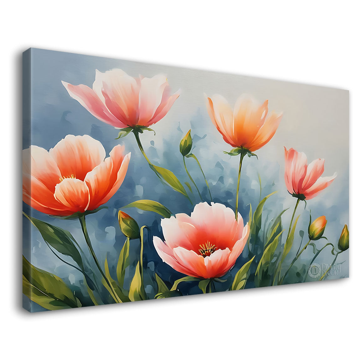 Pink flowers in light blue background canvas painting- Flower-837