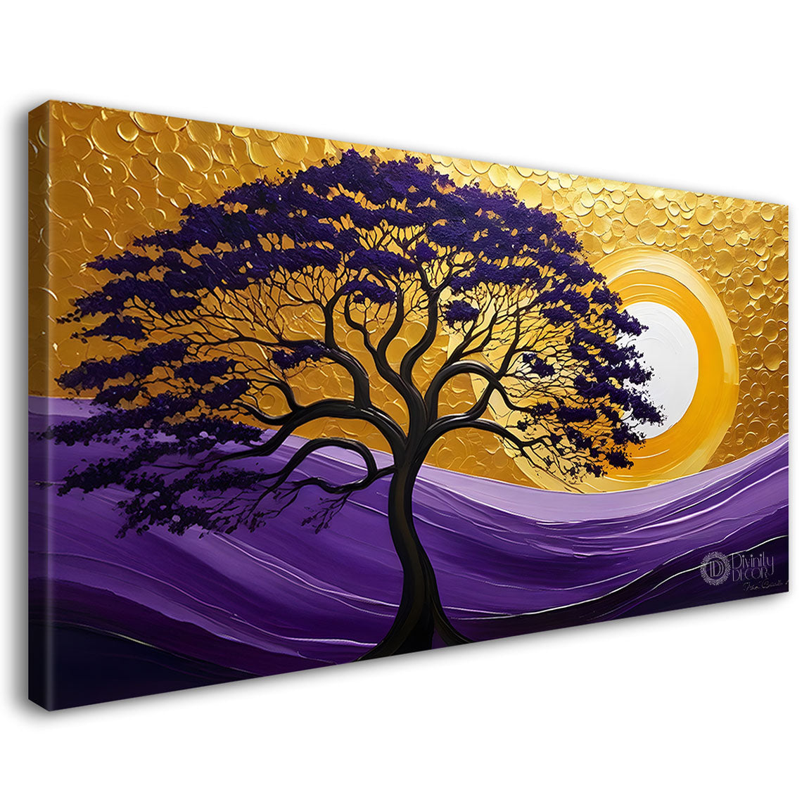 Purple tree in golden textured art Canvas Painting - Design - Tree-83