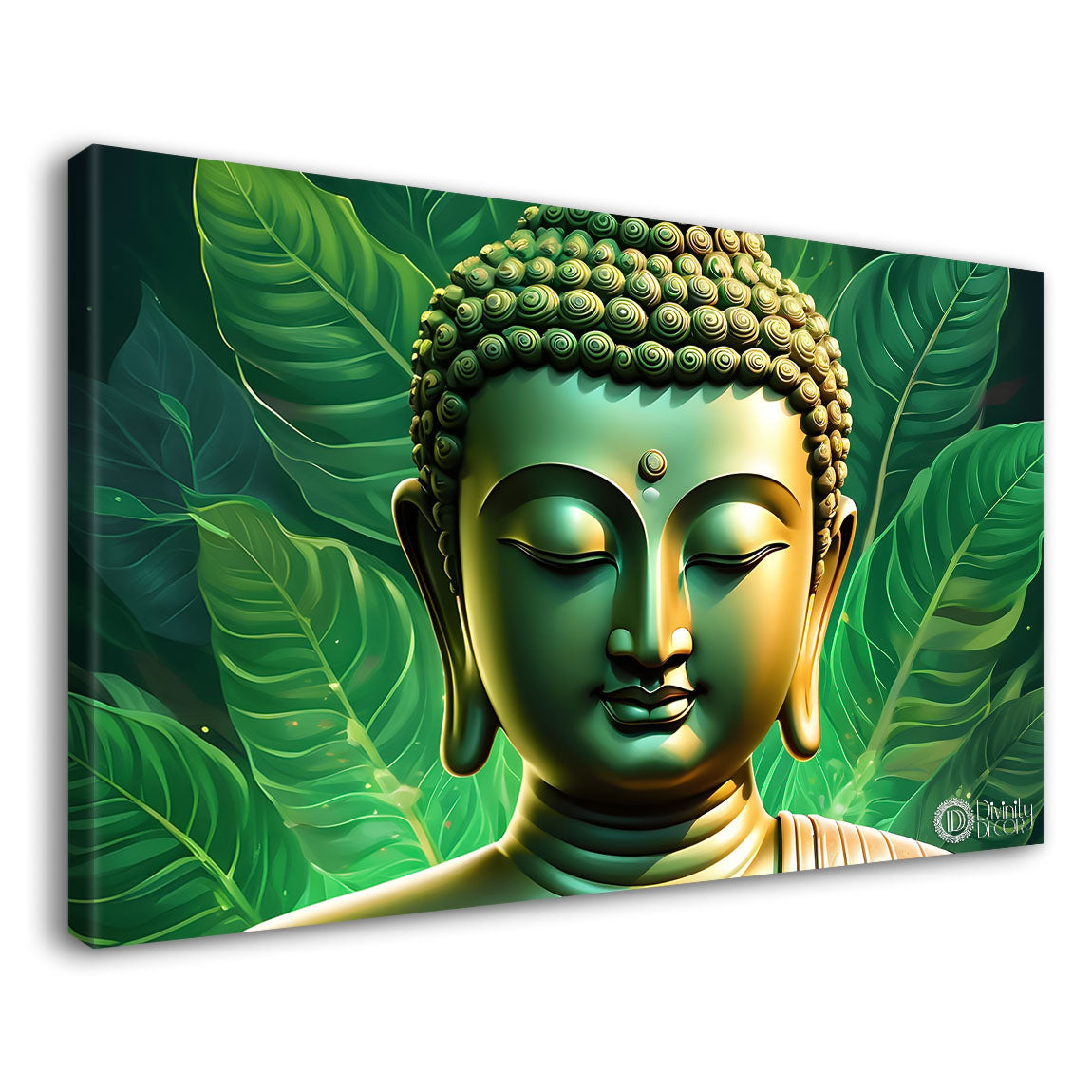 Golden buddha with green leaf background painting Canvas Wall Painting - Buddha-83