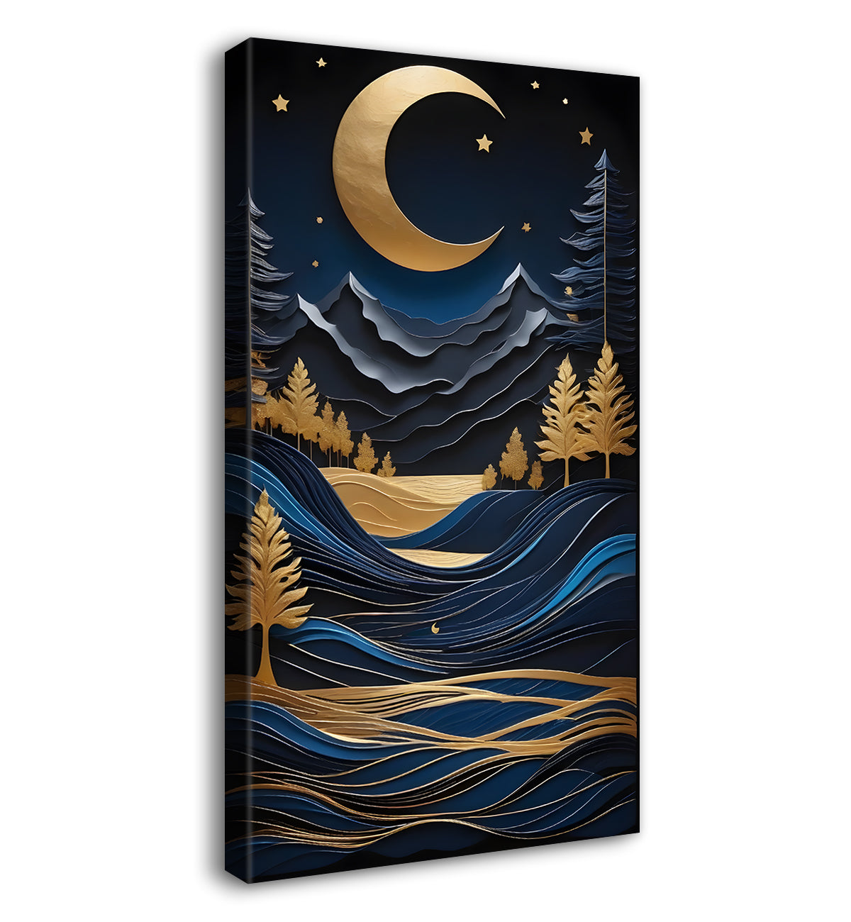Blue mountais with golden moon, trees and river textured painting Canvas Painting - Nature Art -V-83