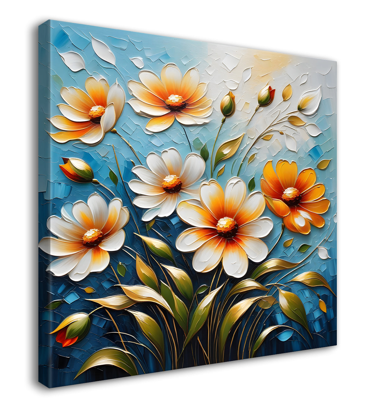 White and orange flowers in blue textured painting  - Flower-S-83