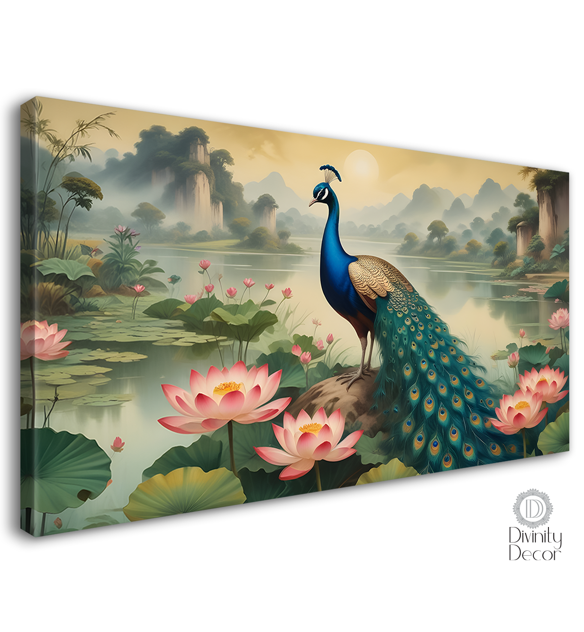 Peacock with lotus in green and fog background textured art. - Design - Animal -83