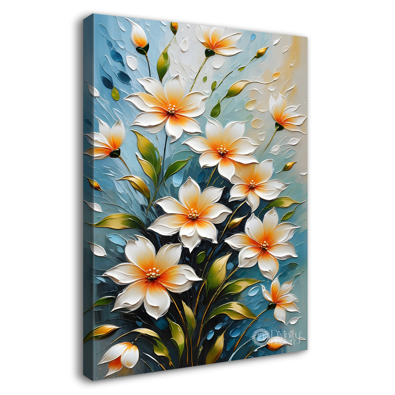 White flowers with blue textured background painting - Flower-V-83