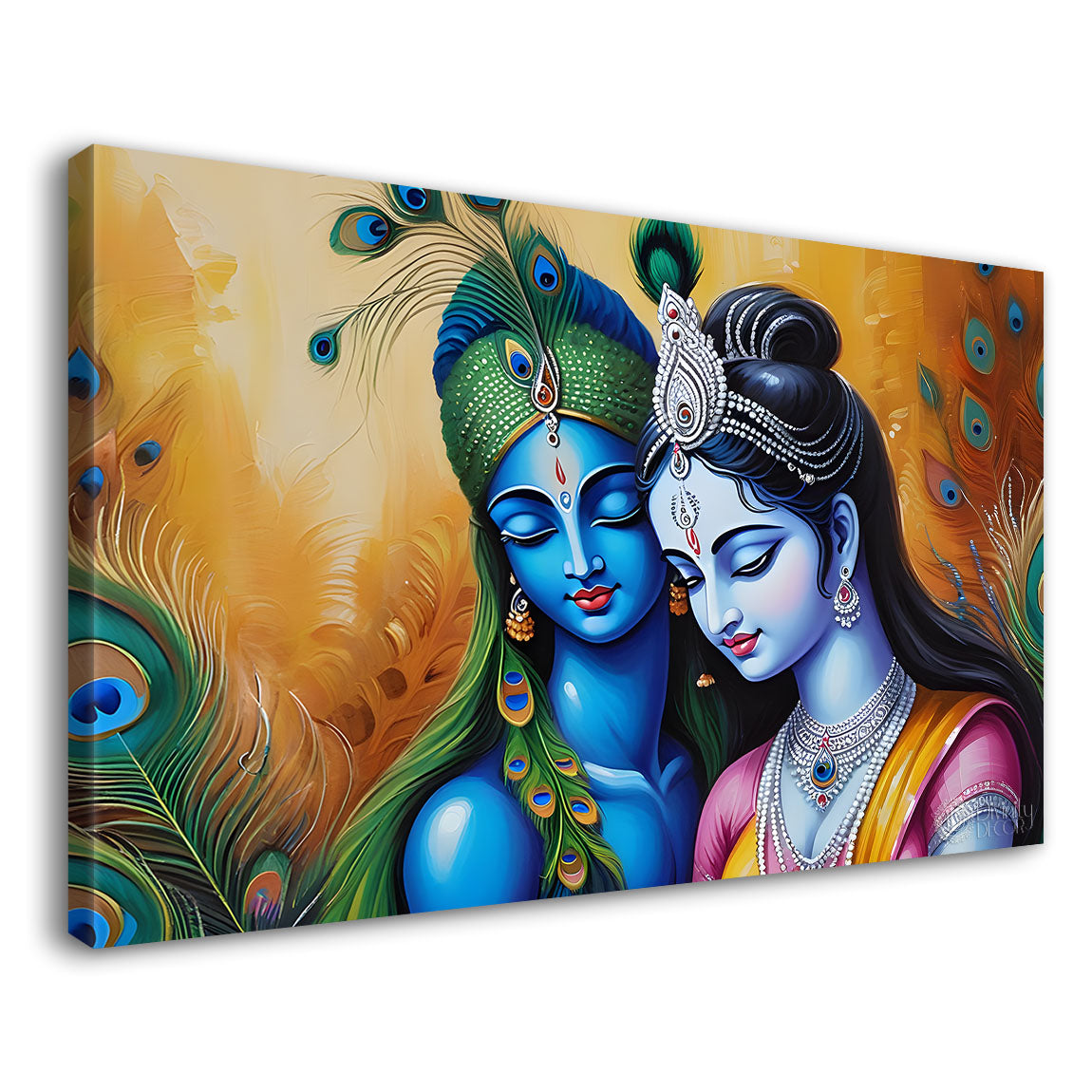 Radha and Krishna with yellow and peacock feather background Canvas Painting - Design - Krishna-84