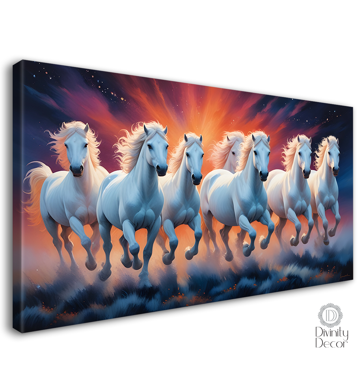 White running horses on the grass with orange and blue textured background art Canvas Painting - Design - Horse-84