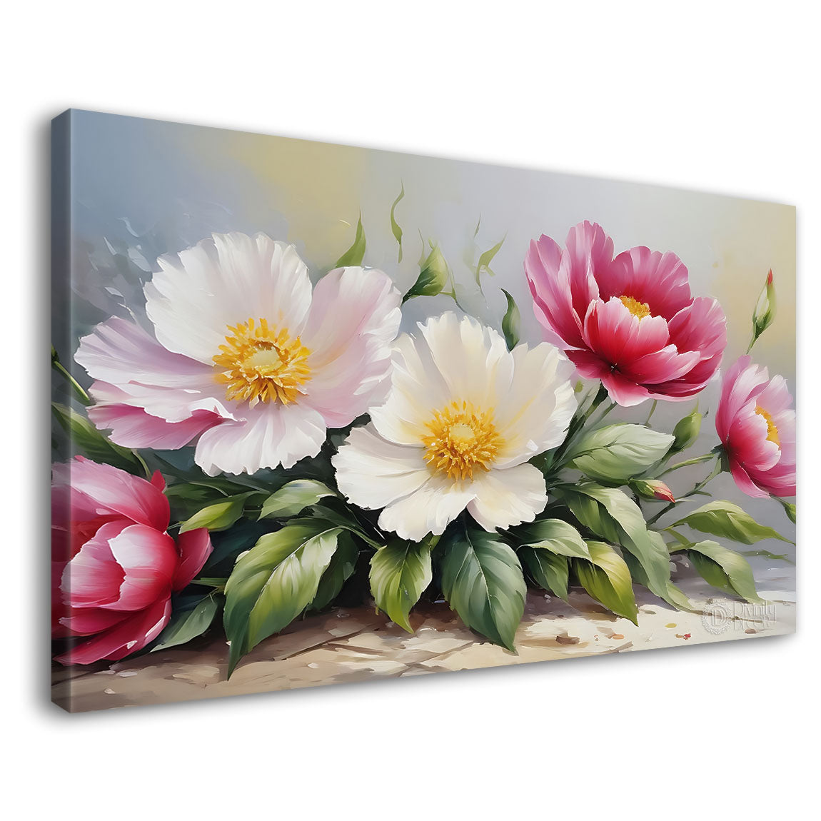 White and pink flowers in grey background canvas painting- Flower-840