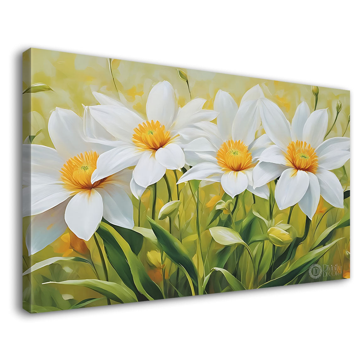 White flowers in light green background canvas painting- Flower-841