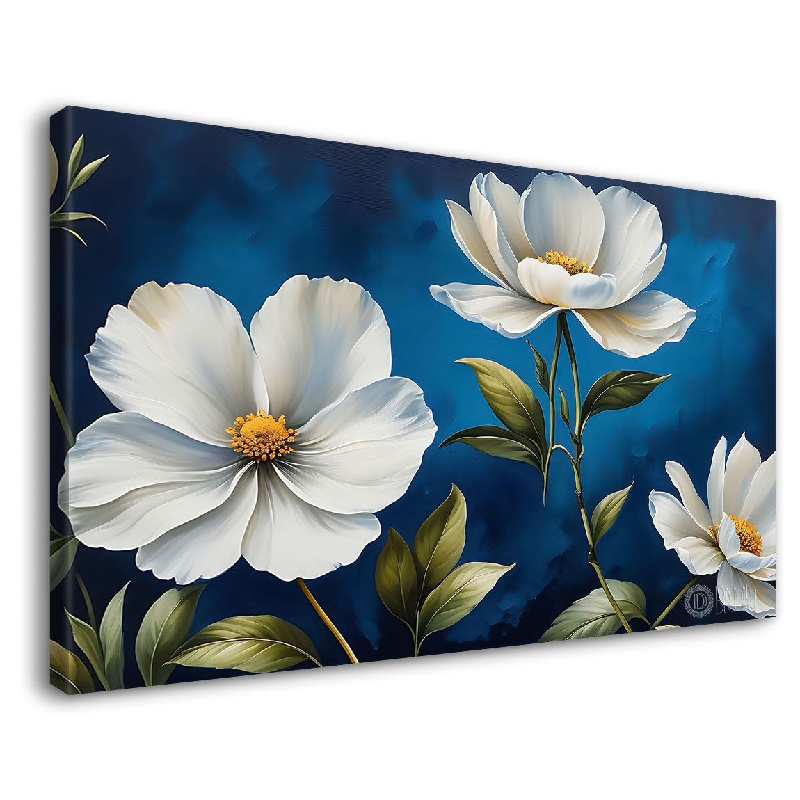White flowers in navy blue background canvas painting- Flower-842