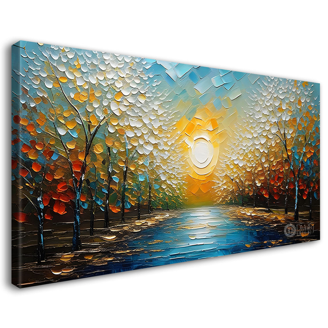 Trees with the sun and river painting Canvas Painting - Nature Art -842