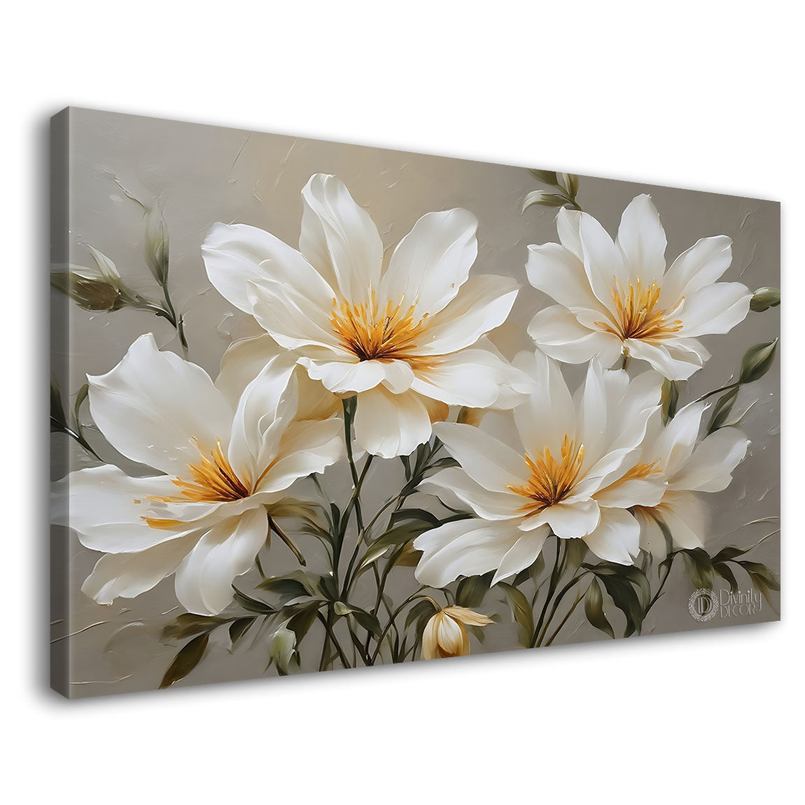White flowers in grey background canvas painting- Flower-844