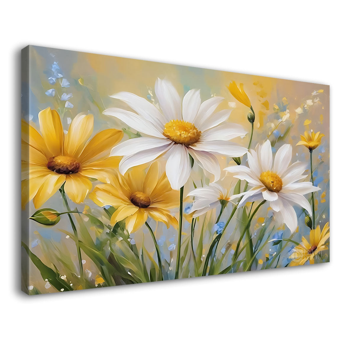 White and yellow flowers in grey background canvas painting- Flower-845