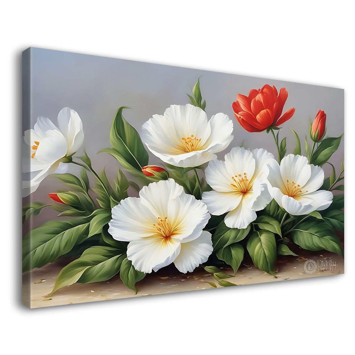 White and red flowers in grey background canvas painting- Flower-846