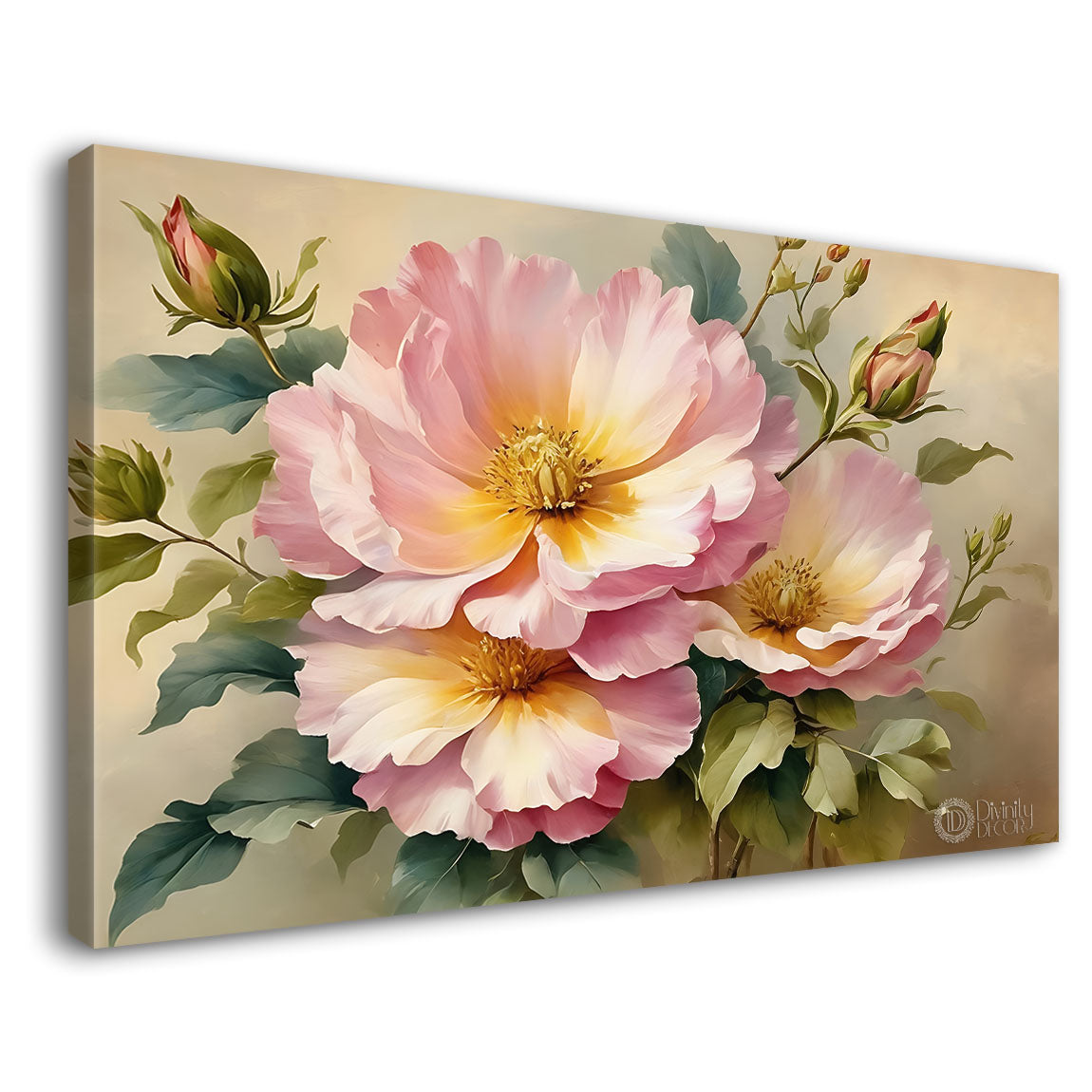 Pink flowers in light brown background canvas painting- Flower-848