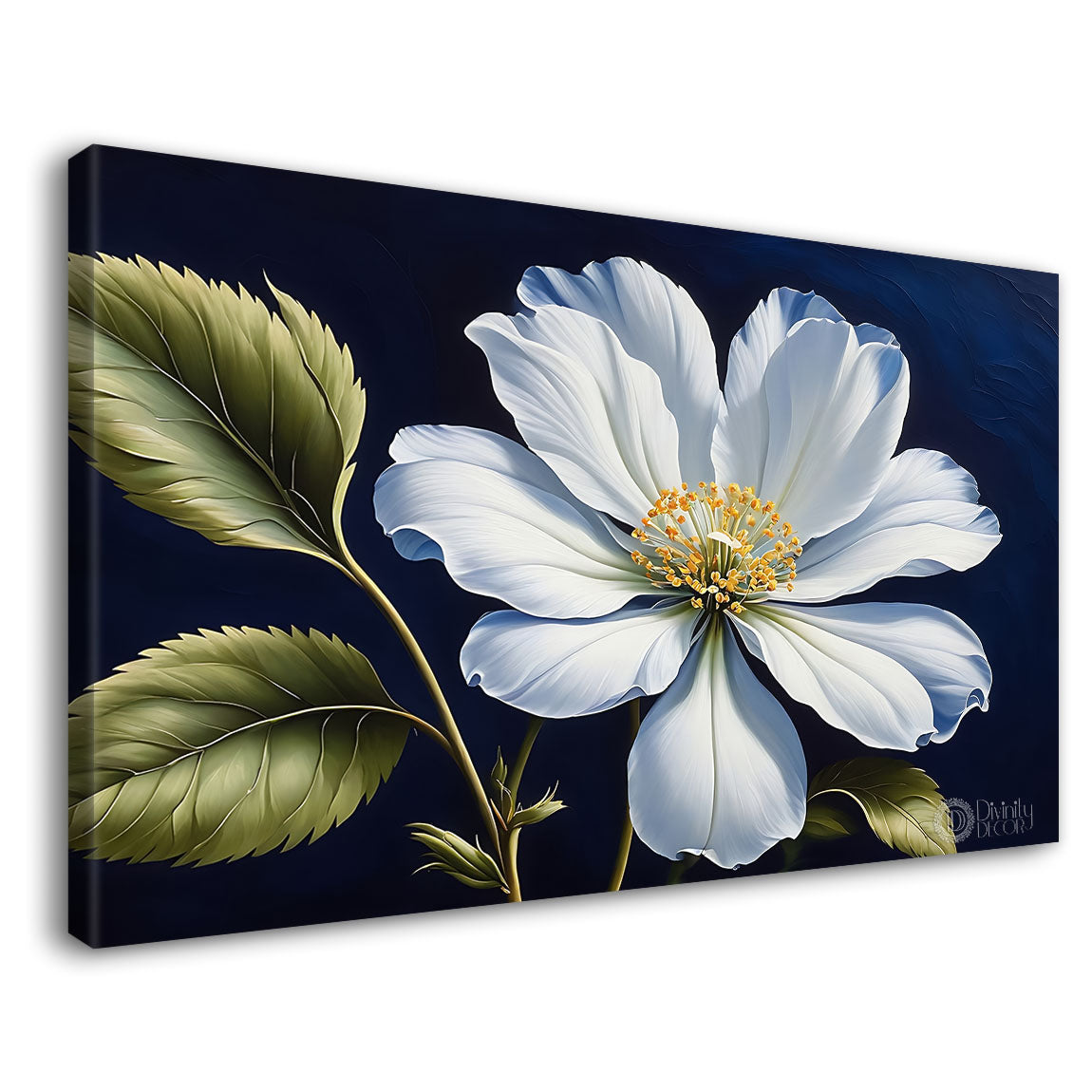 White flower in navy blue background canvas painting- Flower-849