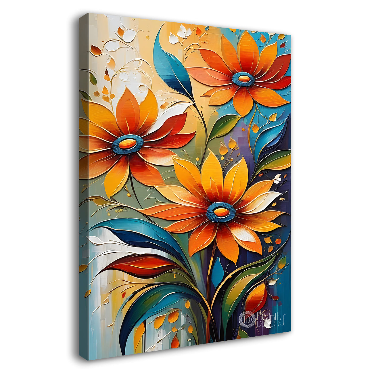 Orange flowers in grey textured background painting - Flower-V-84