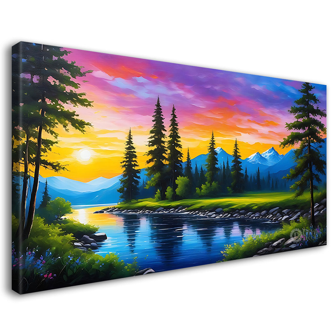 Mountains with trees and pink sky in textured landscape scenery Canvas Painting - Nature Art -84