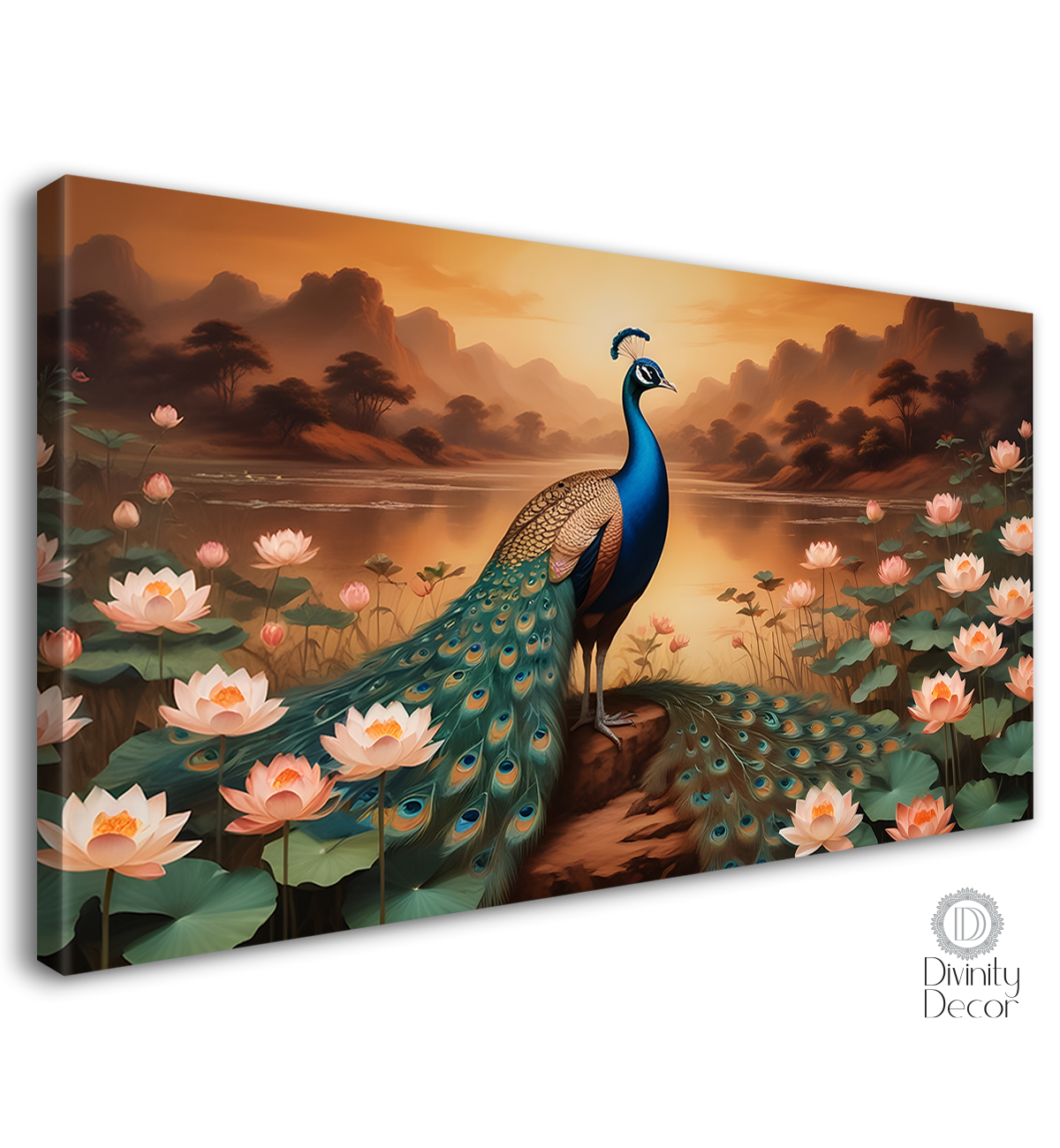 Peacock with white lotus in brown background textured art. - Design - Animal -84