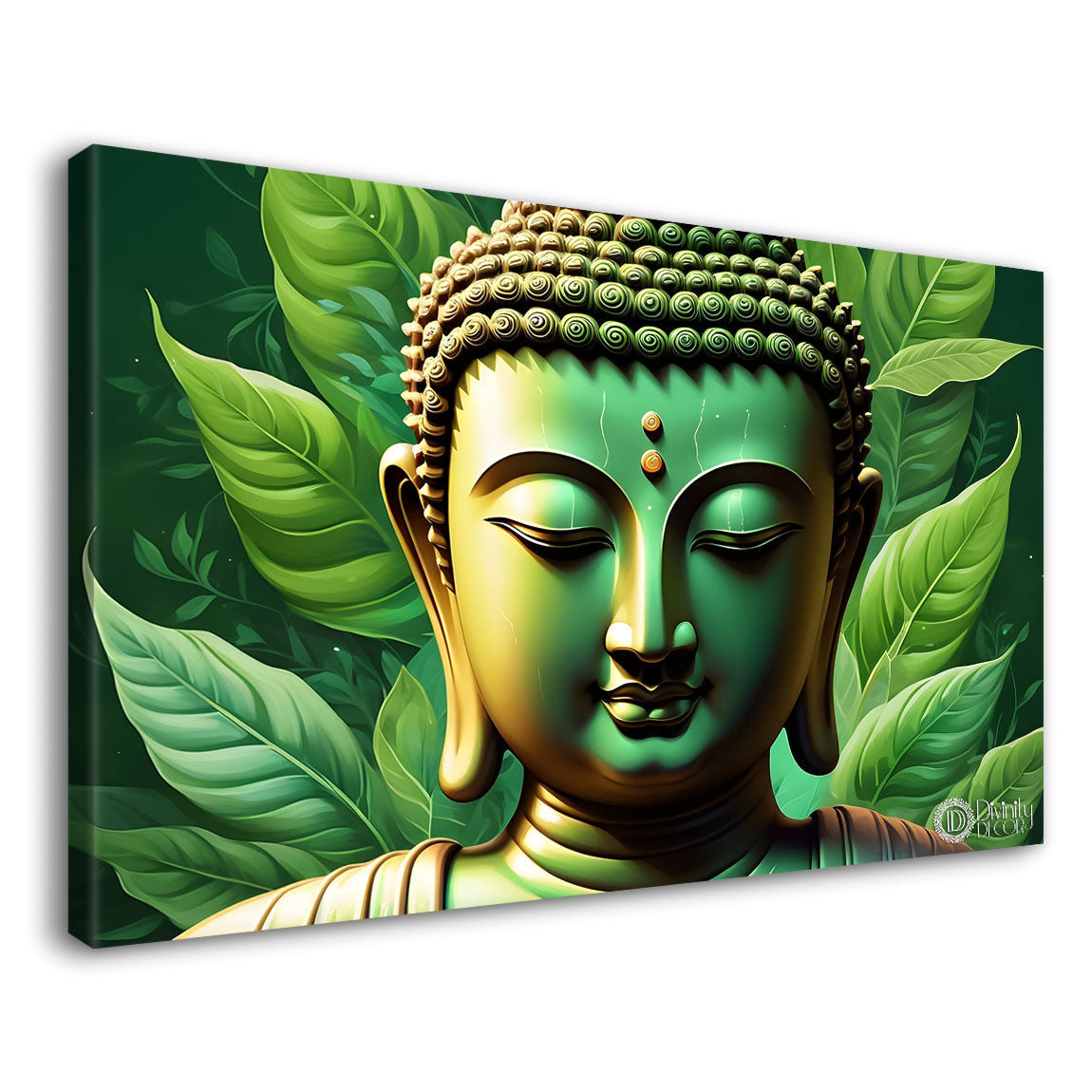 Golden buddha with green leaf background painting Canvas Wall Painting - Buddha-84