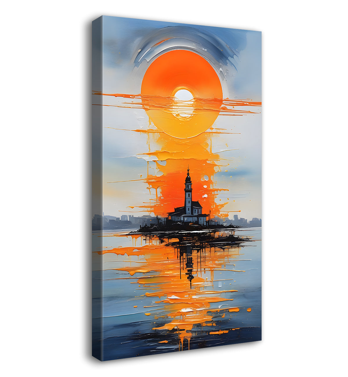 Sunrise with house on lake textured art Canvas Painting - Nature Art -V-84