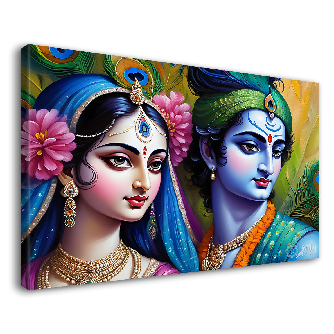 Radha and Krishna in light green background Canvas Painting - Design - Krishna-85
