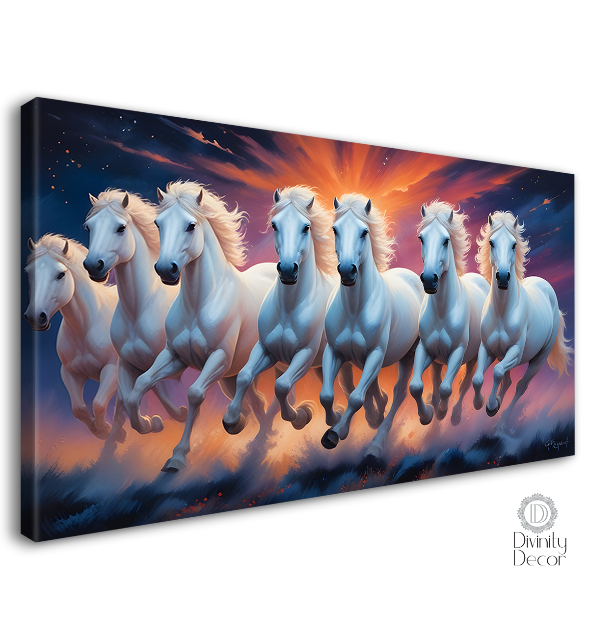 White running horses on the grass with orange and blue textured background art Canvas Painting - Design - Horse-85