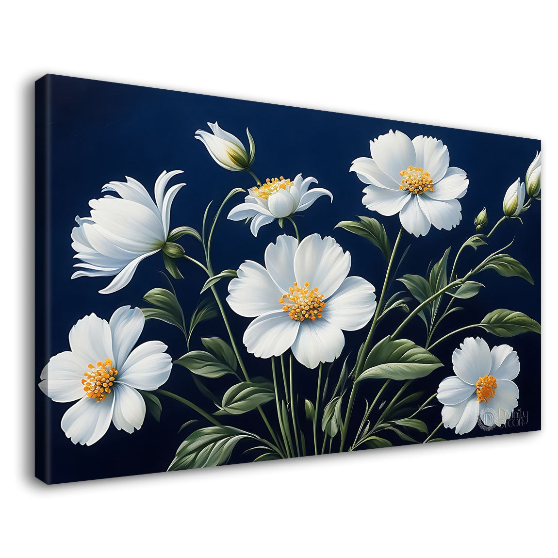 White flowers in navy blue background canvas painting- Flower-850