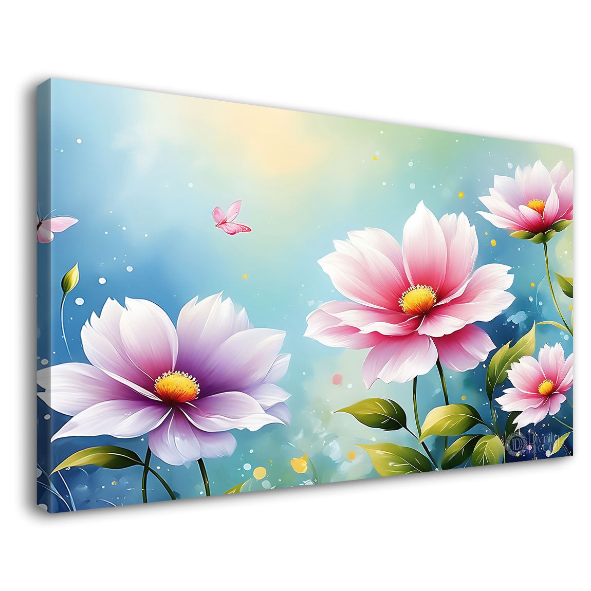 Pink flowers in light blue background canvas painting- Flower-852
