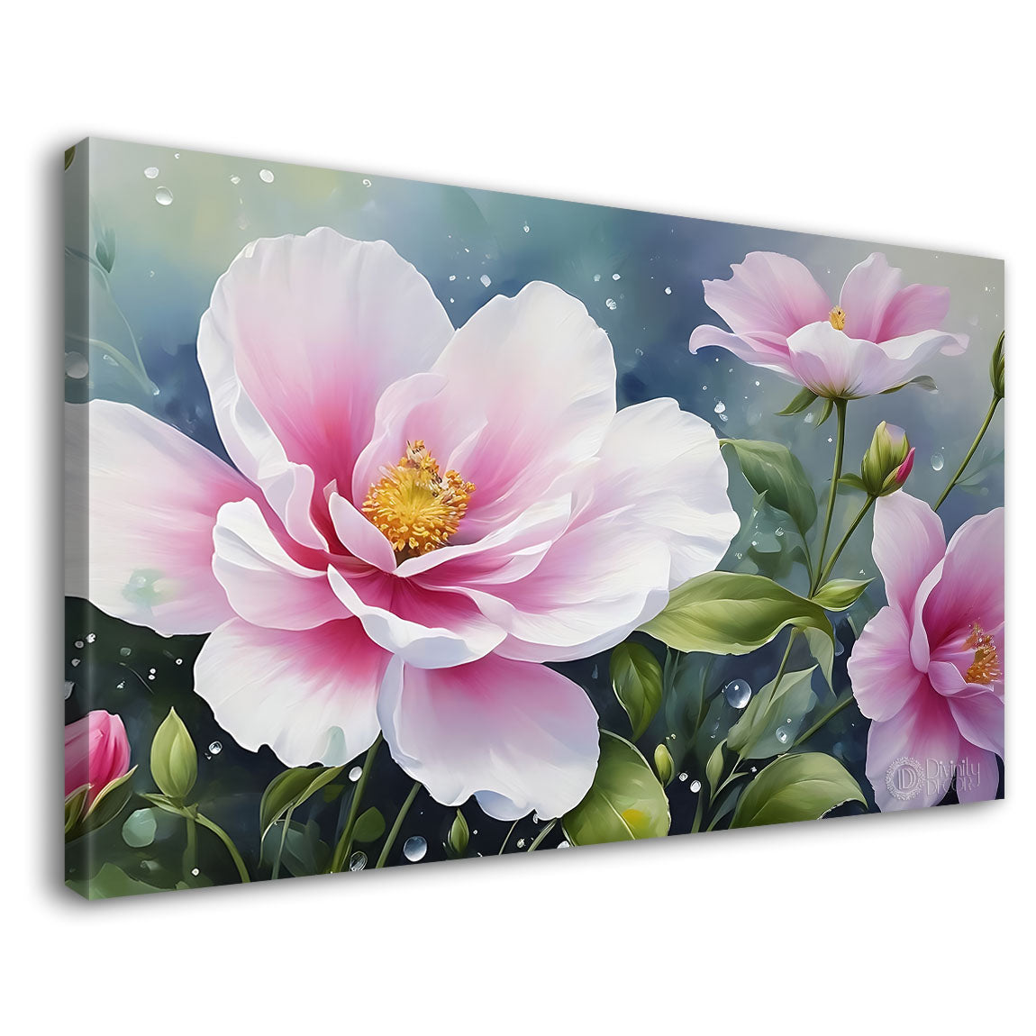 Pink flowers in light blue background canvas painting- Flower-854