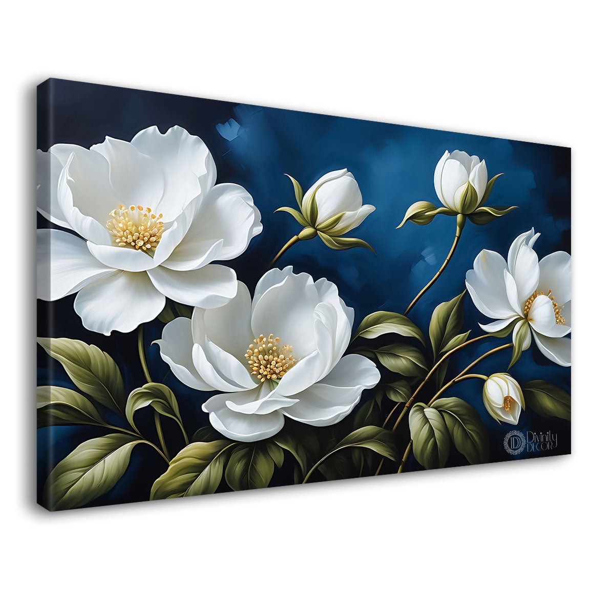 White flowers in navy blue background canvas painting- Flower-856
