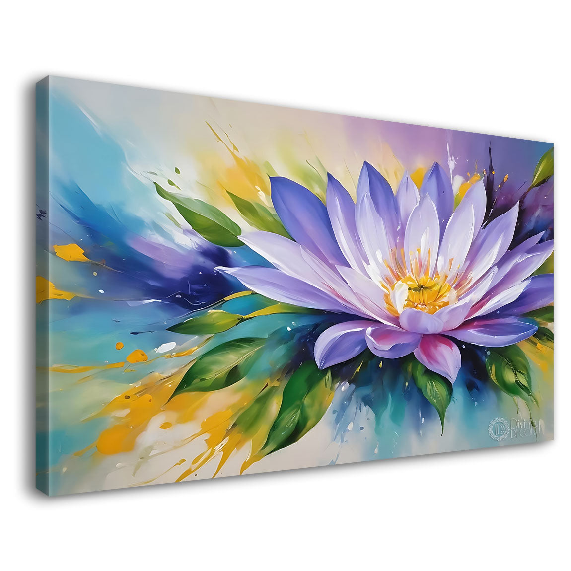 Purple flowers in yellow and blue background canvas painting- Flower-857