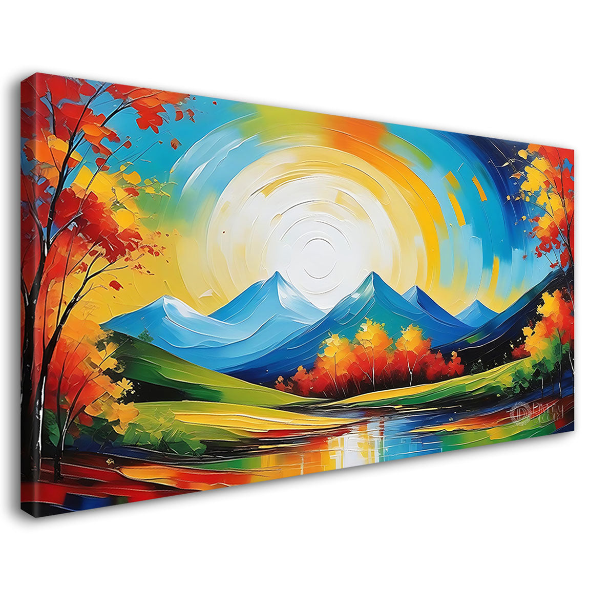 Mountains with orange trees and lake in textured natural art Canvas Painting - Nature Art -85