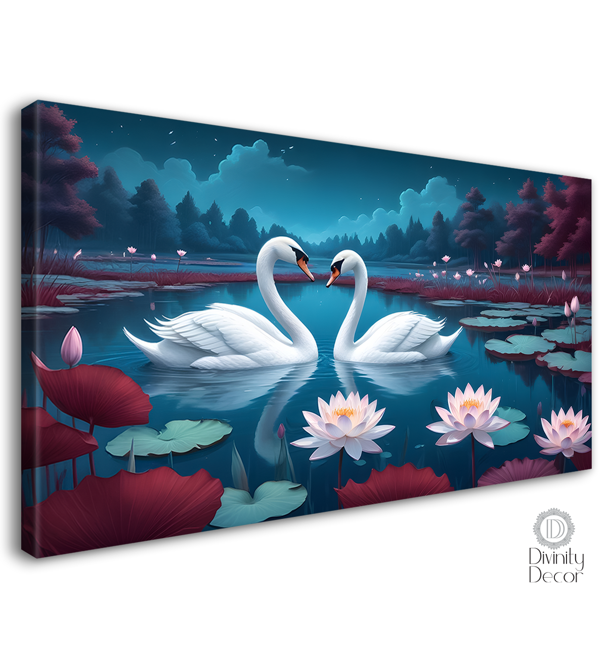 Two white Swans in the pond in blue textured background art. - Design - Animal - 85