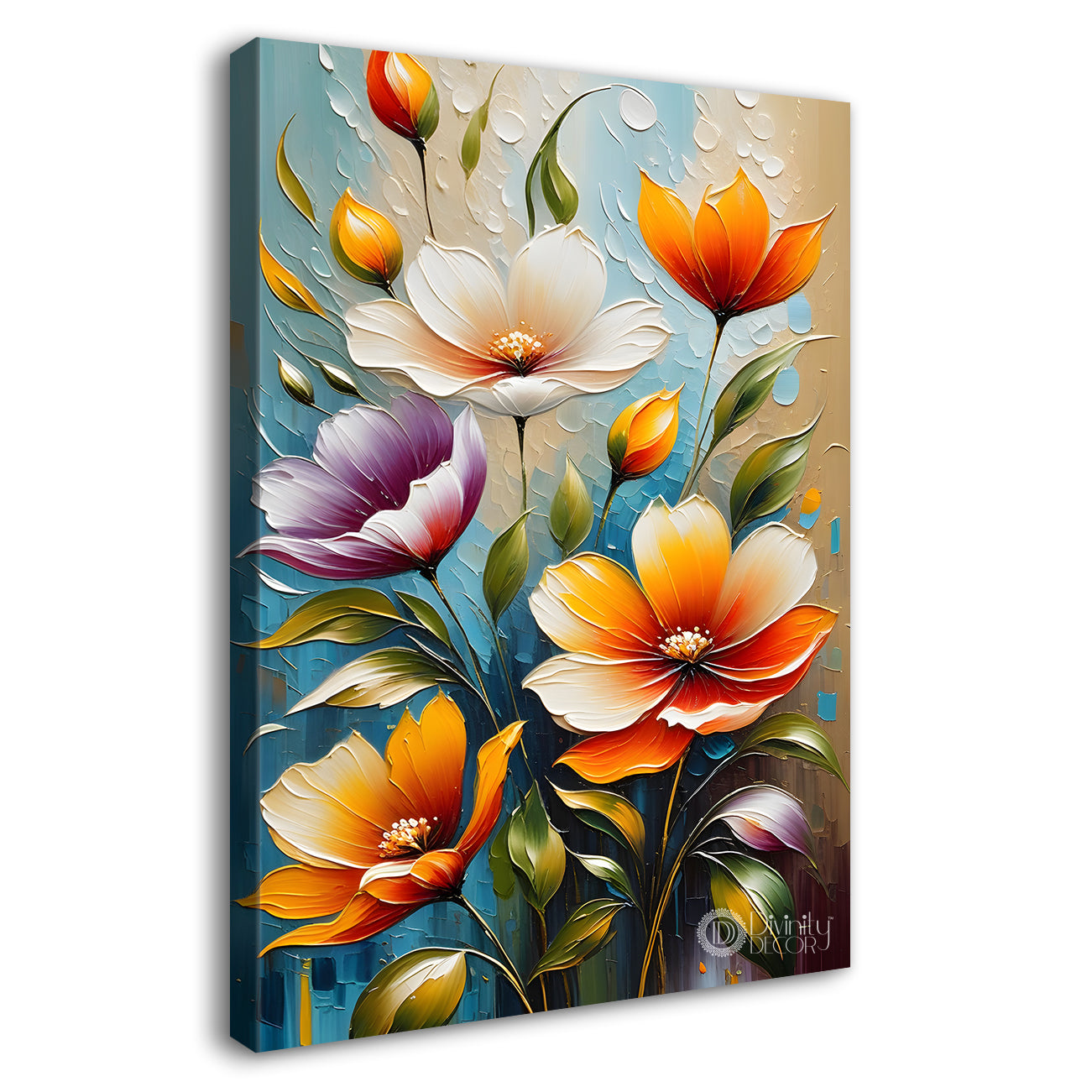 Colourful flowers in light blue textured painting - Flower-V-85