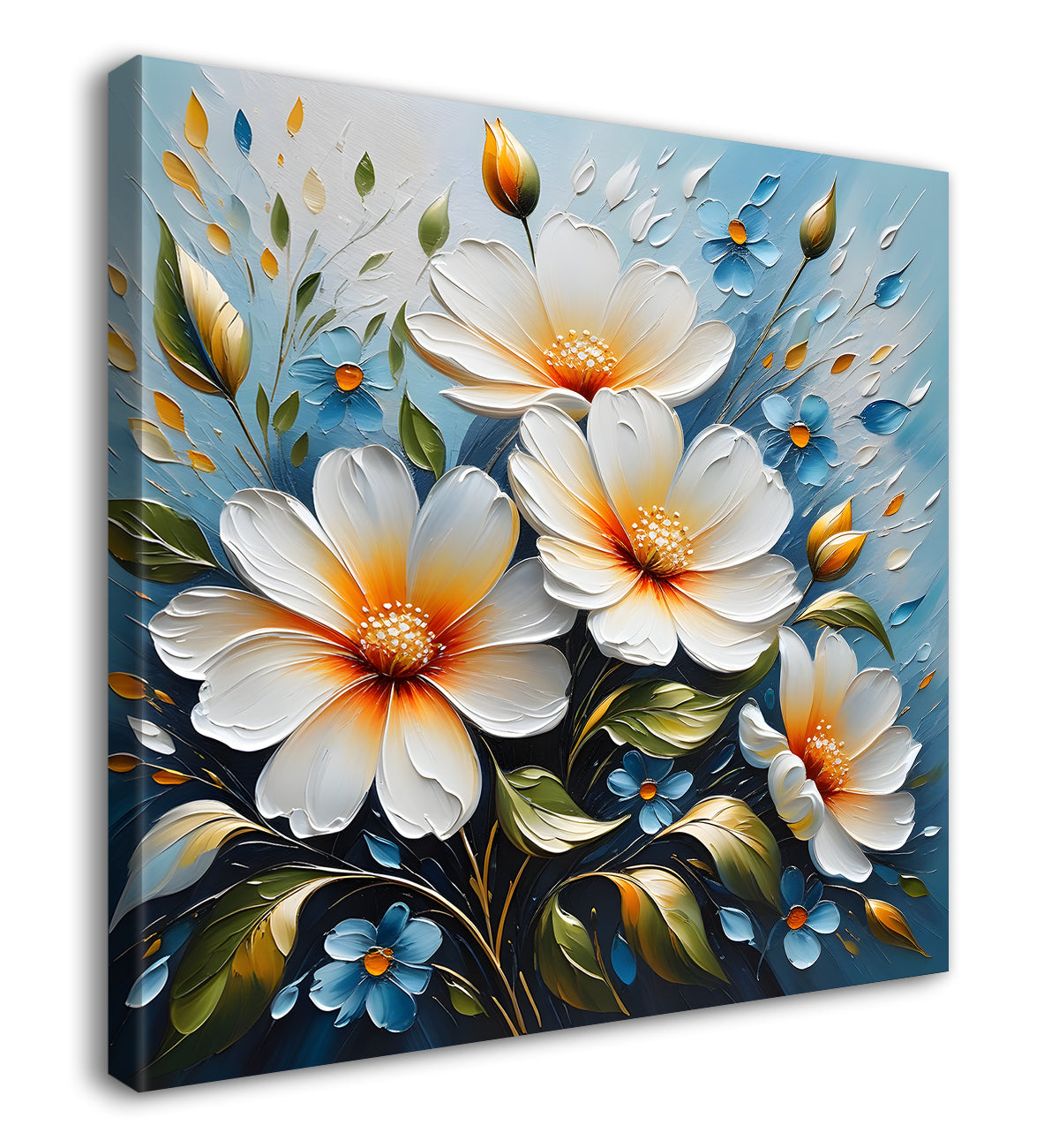 White flowers in blue background textured painting - Flower-S-85