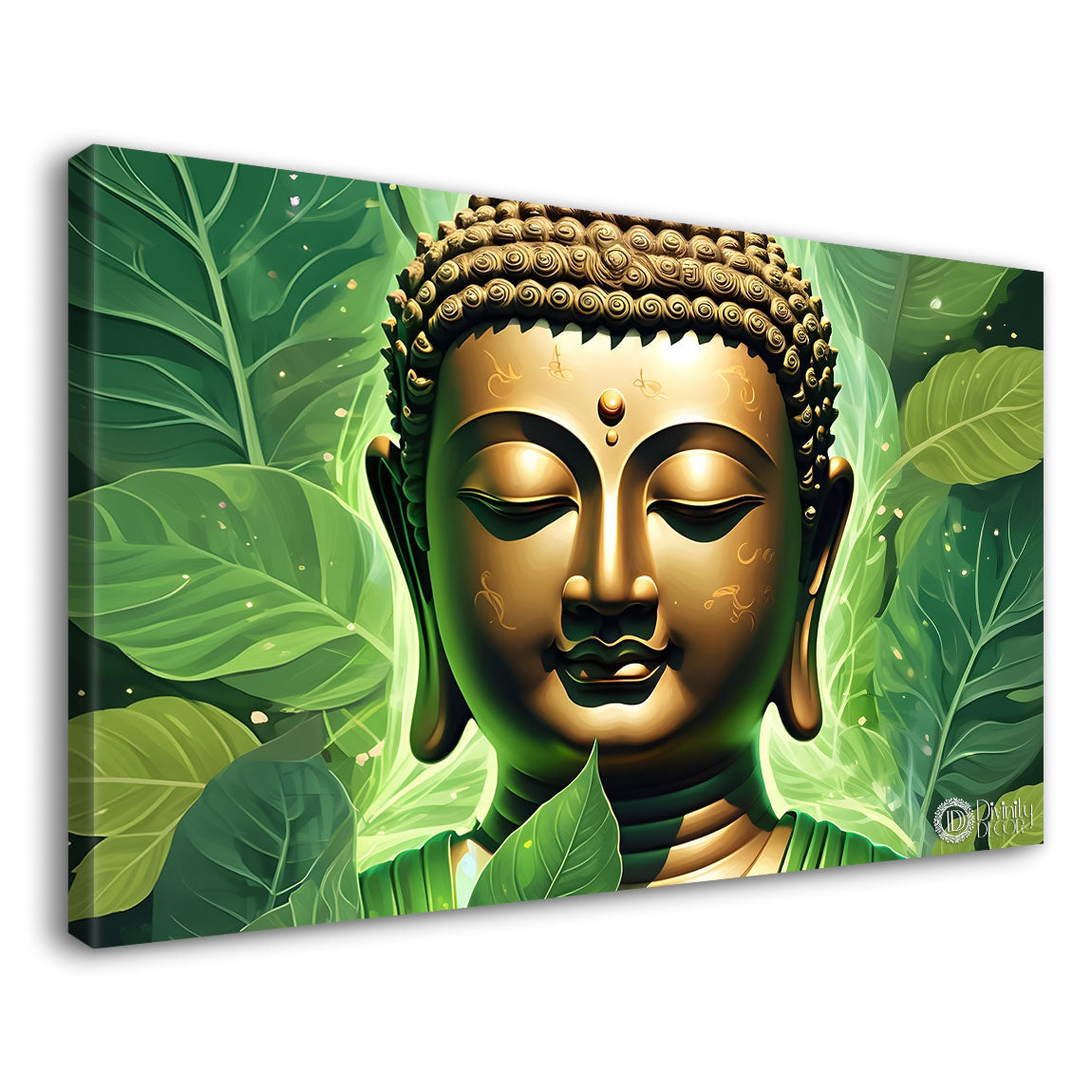 Golden buddha with green leaf background painting Canvas Wall Painting - Buddha-85