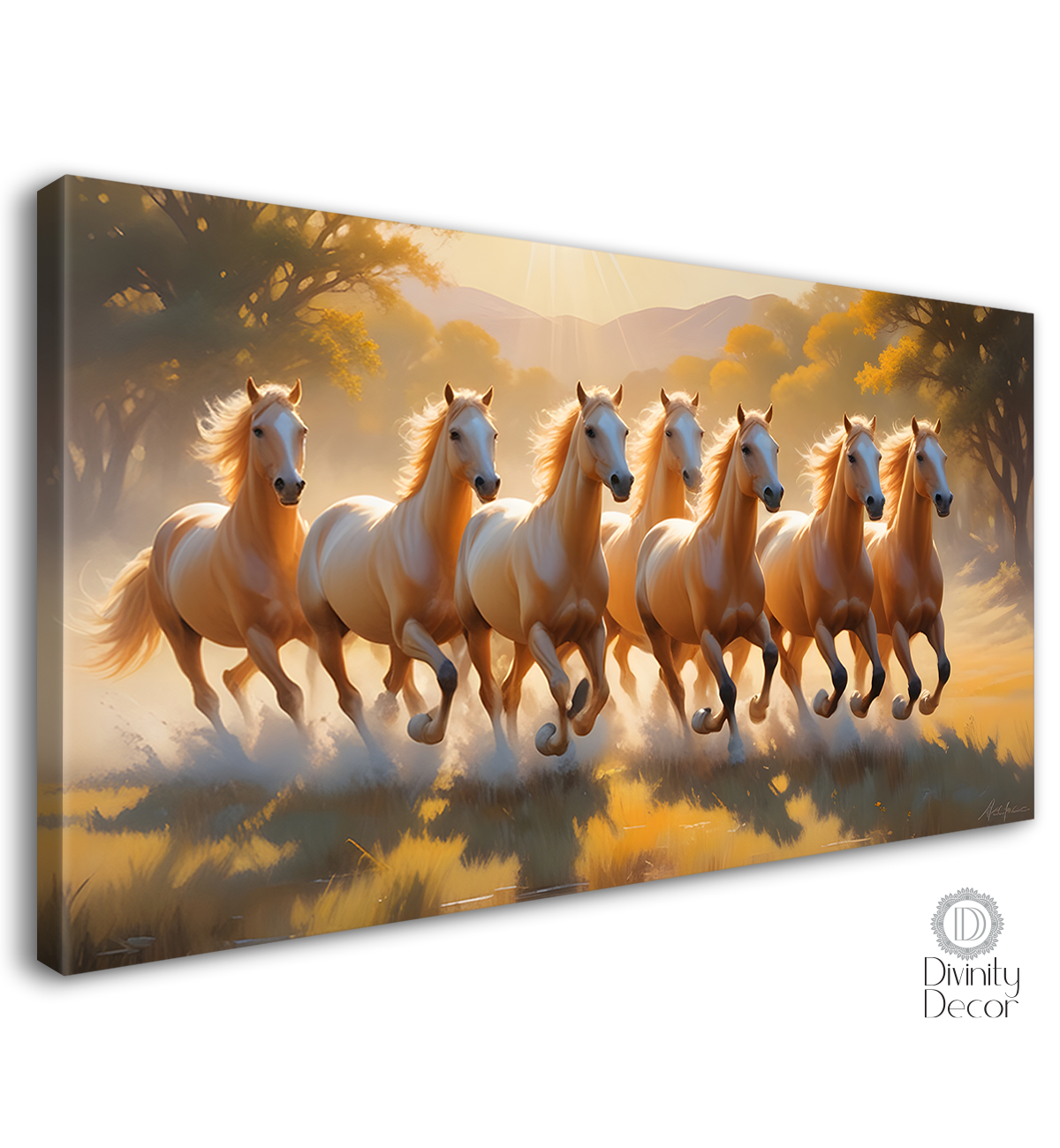 Brown horses on the grass with trees and yellow textured background art Canvas Painting - Design - Horse-86