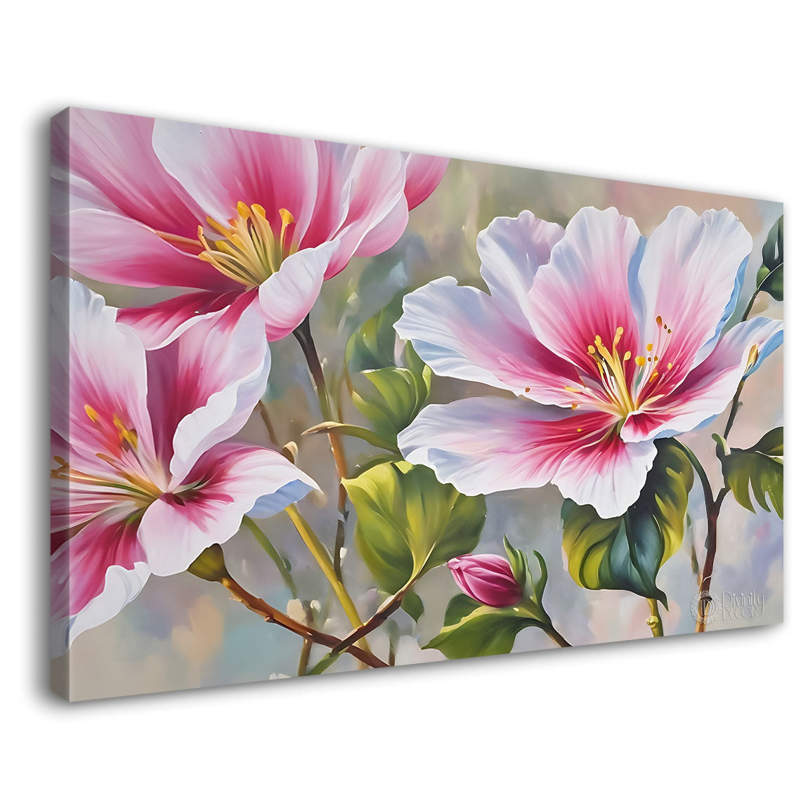 Pink flowers in grey background canvas painting- Flower-860