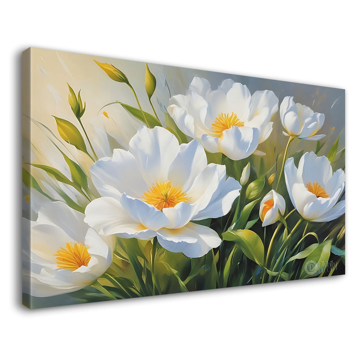 White flowers in grey background canvas painting- Flower-861